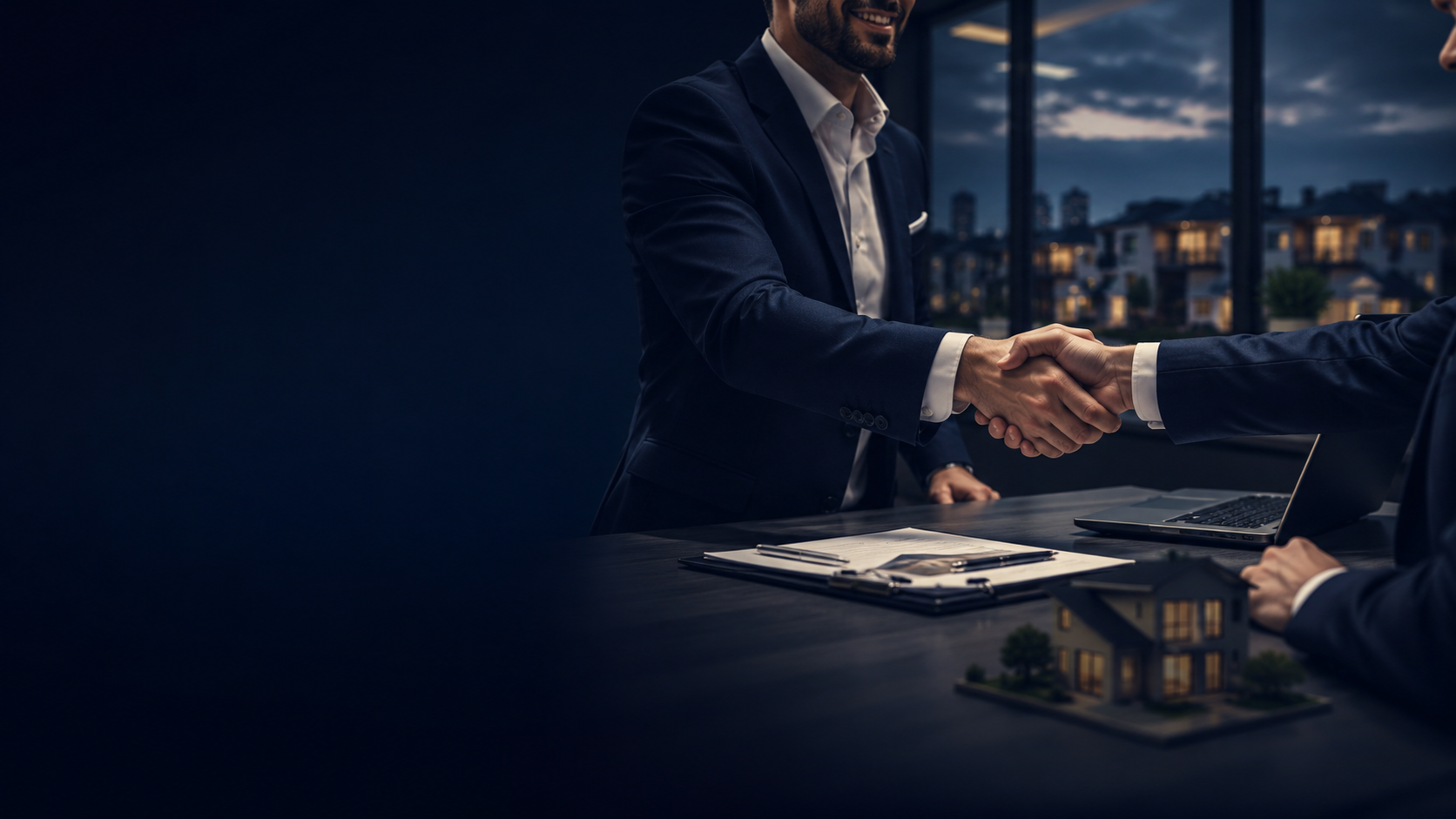 Two investors shaking hands over a signed contract